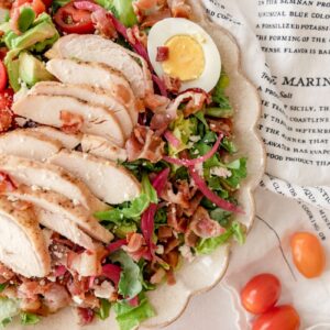 close up shot of sliced chicken on the panera green goddess salad