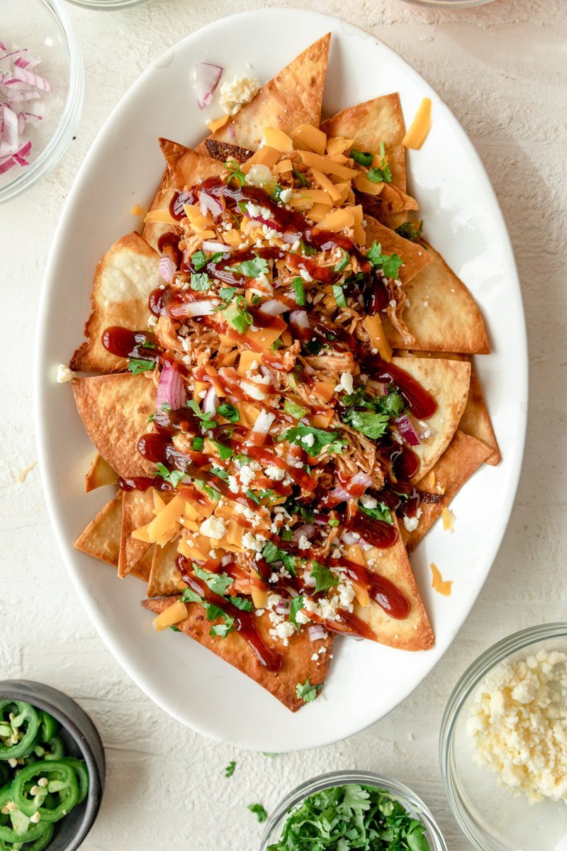 platter of bbq shredded chicken nachos