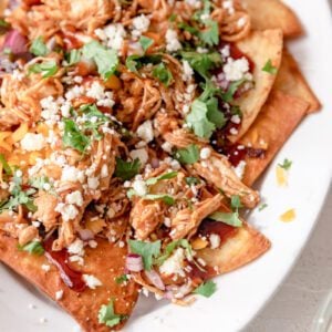 close up photo of bbq chicken nachos