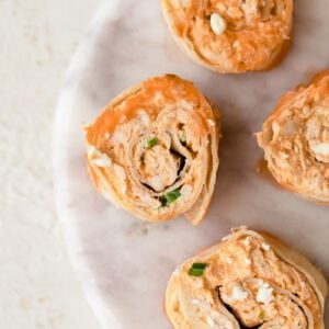 overhead photo of buffalo chicken pinwheels