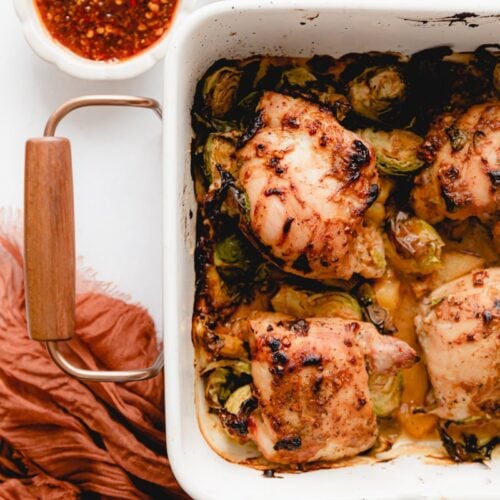 overhead photo of honey mustard chicken with brussel sprouts