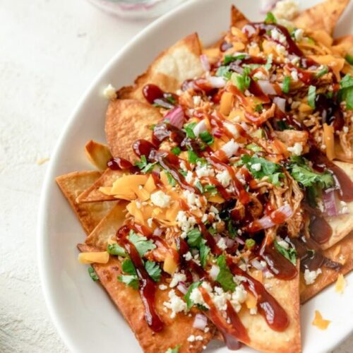 plate of bbq chicken nachos