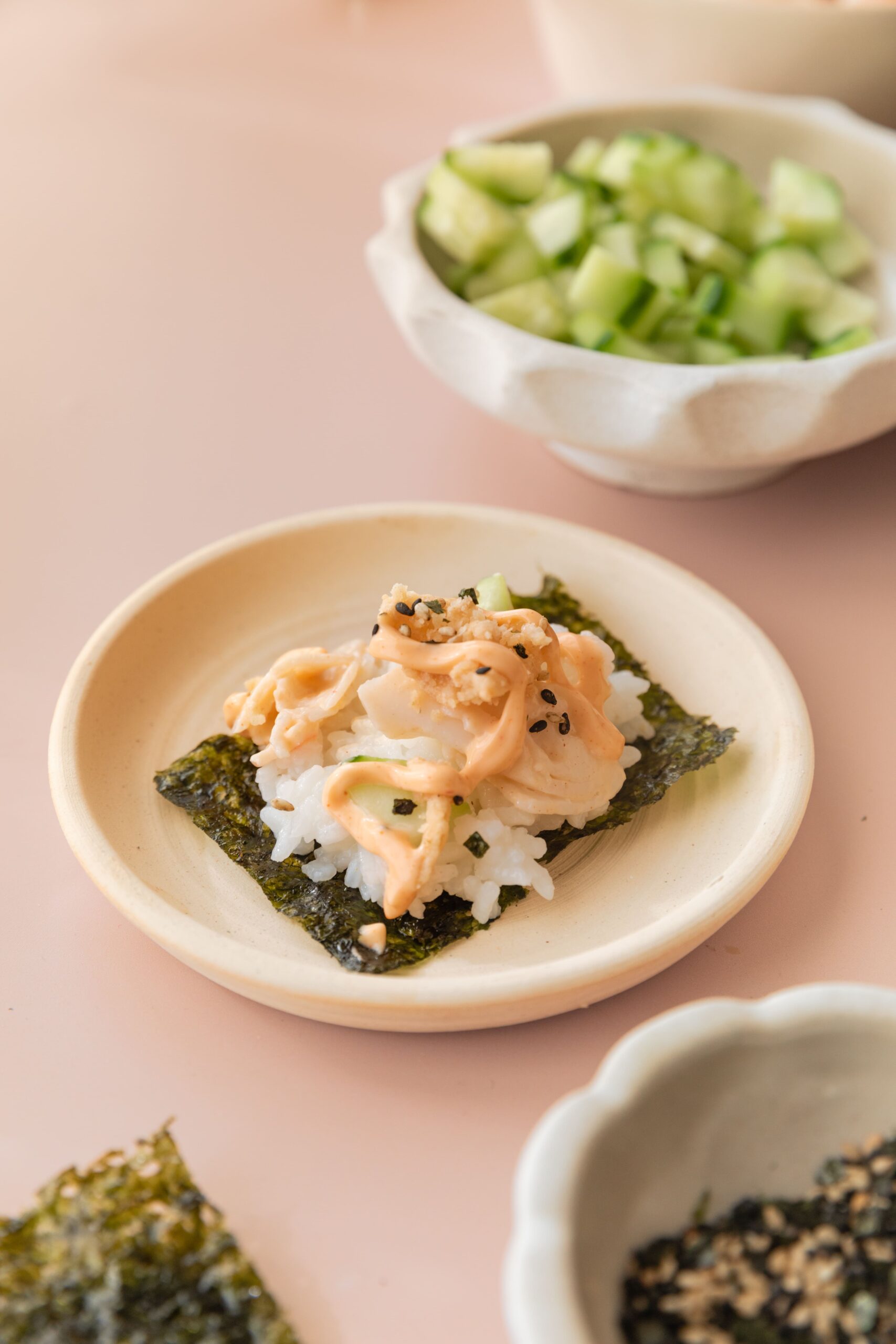 nori sheet with a scoop of crunchy shrimp sushi bowl