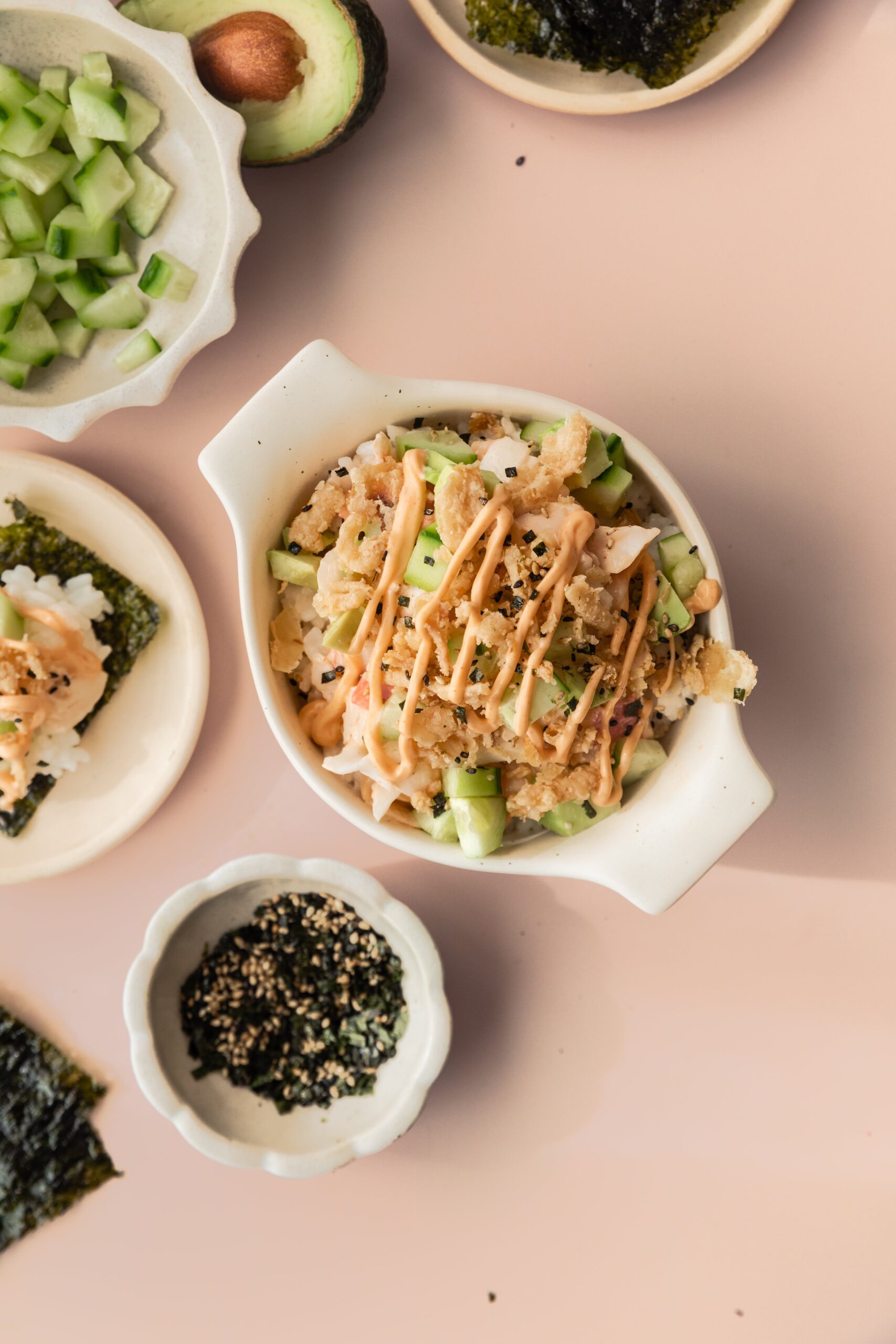ingredients flat lay for shrimp crunch sushi bowl