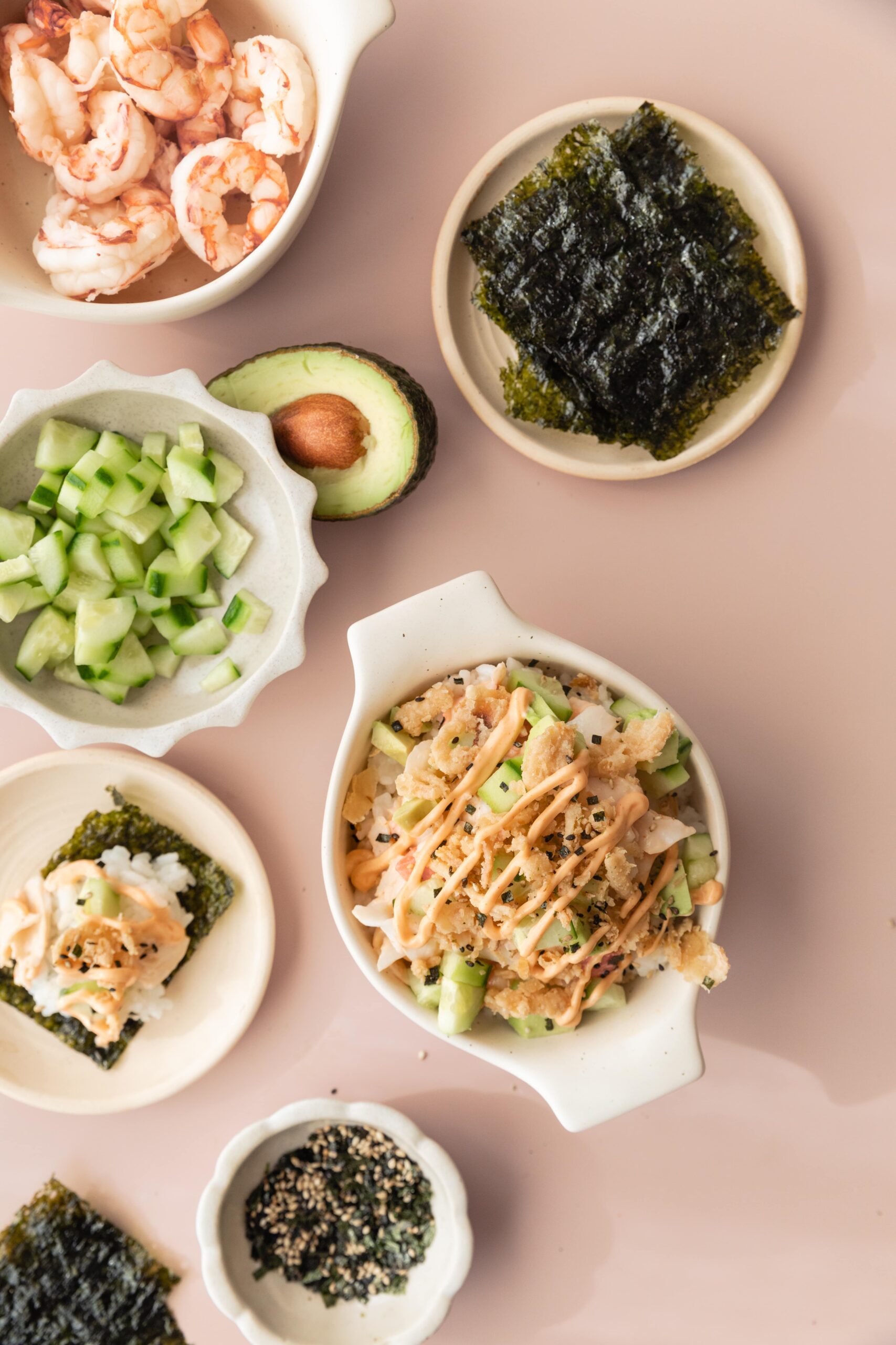 sushi bowl ingredients in bowls