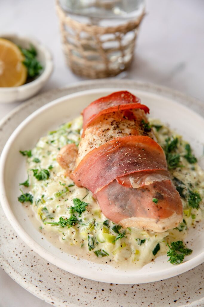 Delicious Prosciutto Wrapped Chicken With Parmesan Leek Sauce
