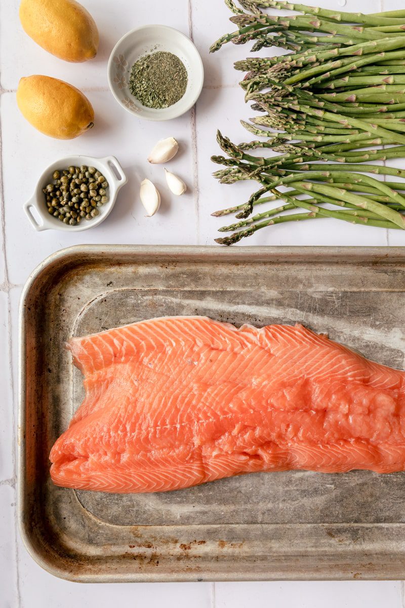 overhead photo of tray bake salmon ingredients