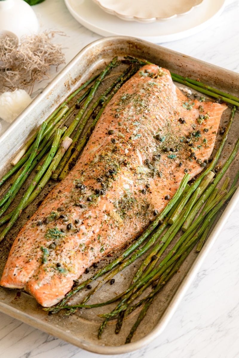 cooked salmon on a sheet pan