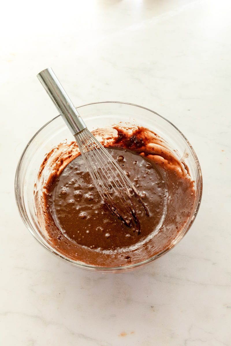 glass mixing bowl with brownie mix