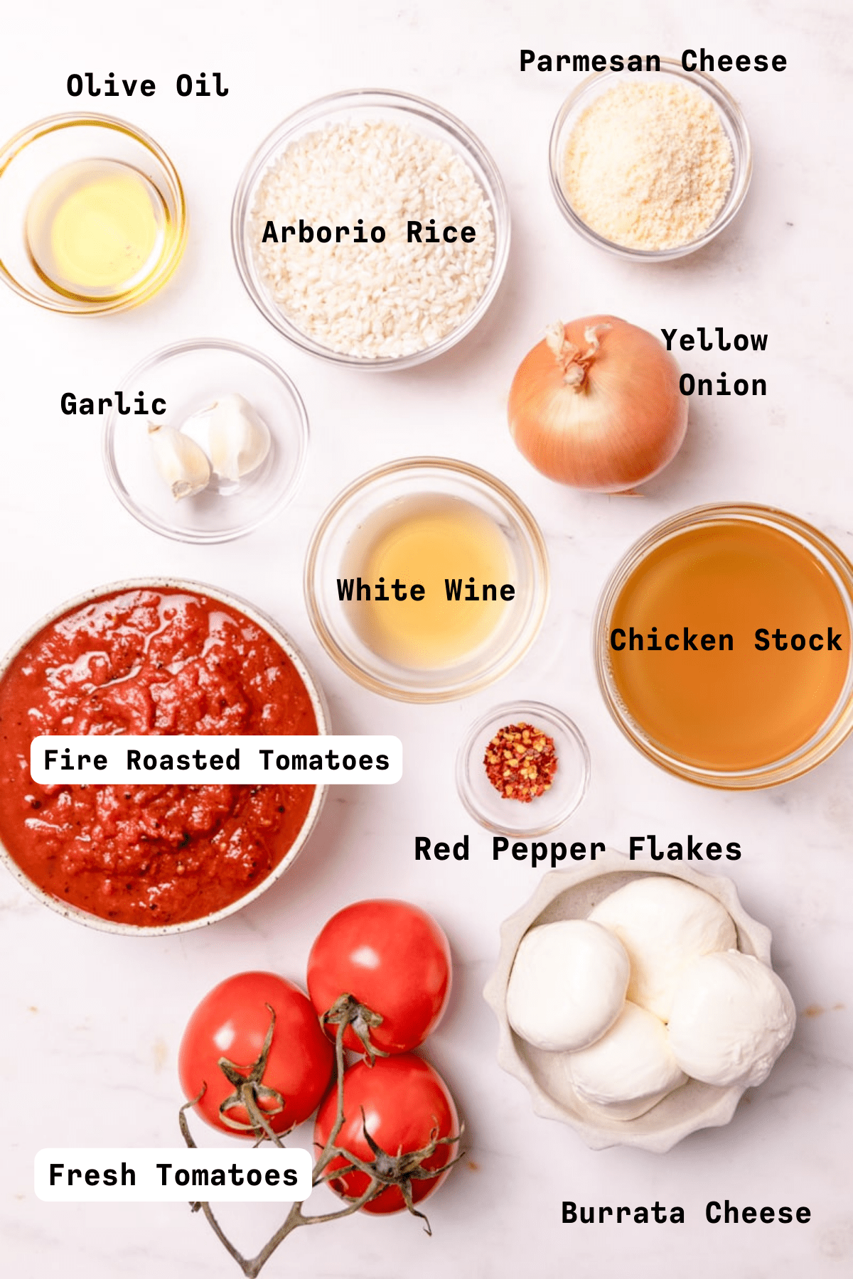 overhead photo of tomato and burrata risotto ingredients