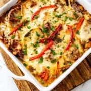 An overhead shot of a casserole dish of keto philly cheesesteak casserole.