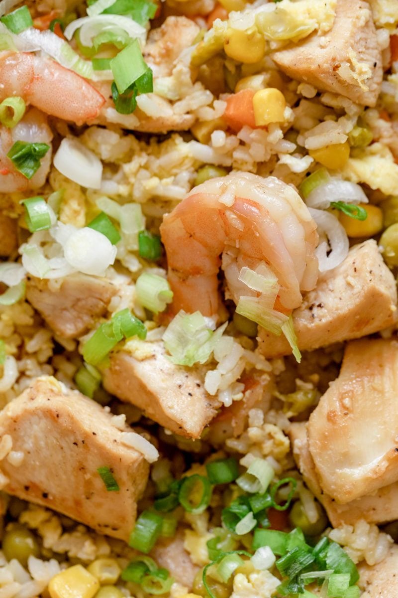 close up of chicken and shrimp fried rice