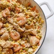 chicken and shrimp added to the stir fry skillet