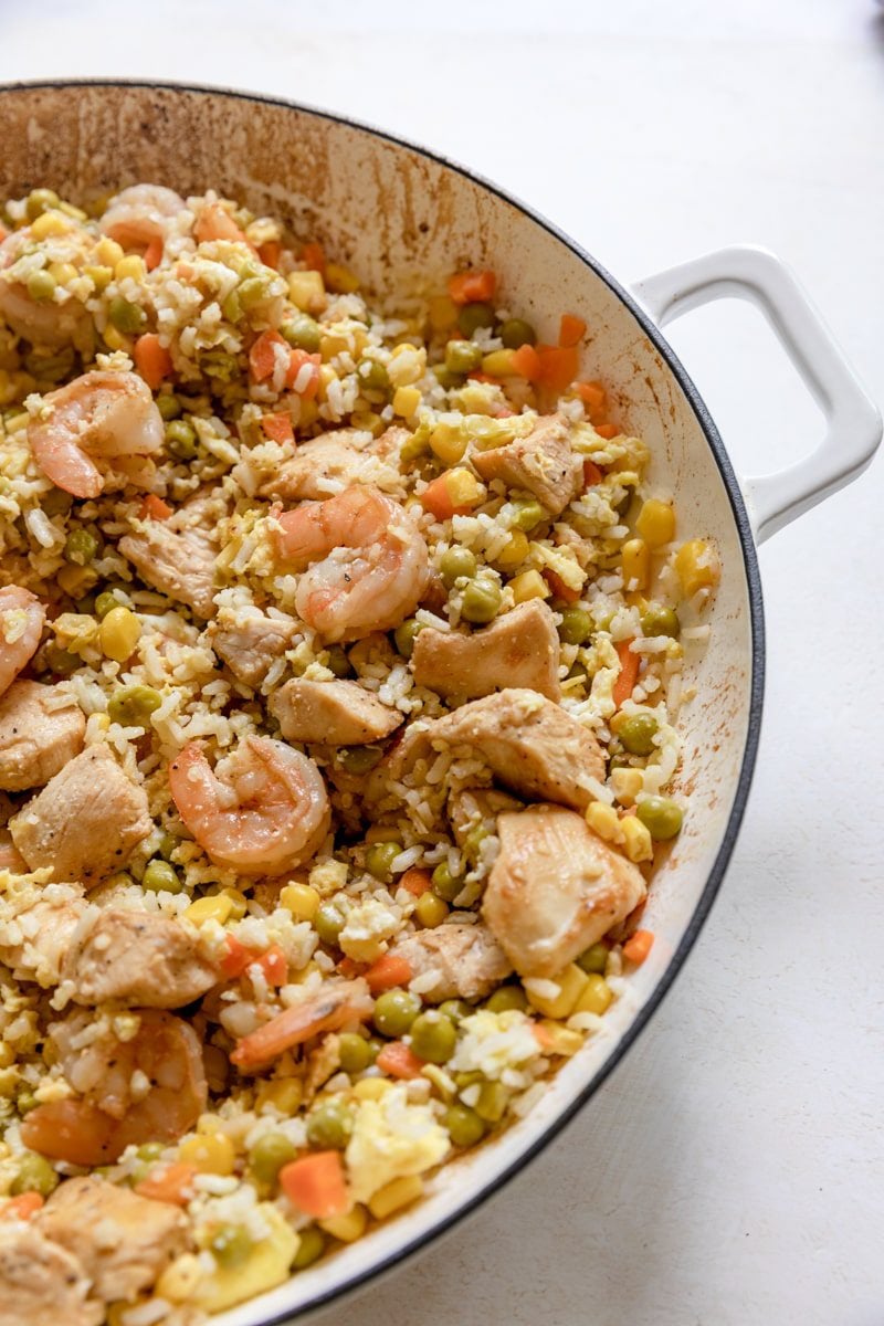 chicken and shrimp added to the stir fry skillet