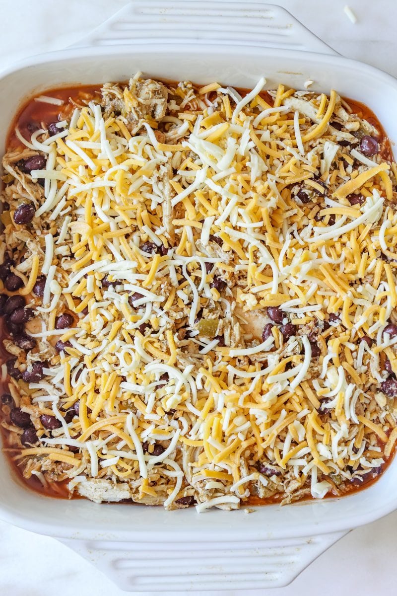 cheese on top of a fully layered chicken enchilada casserole, unbaked.