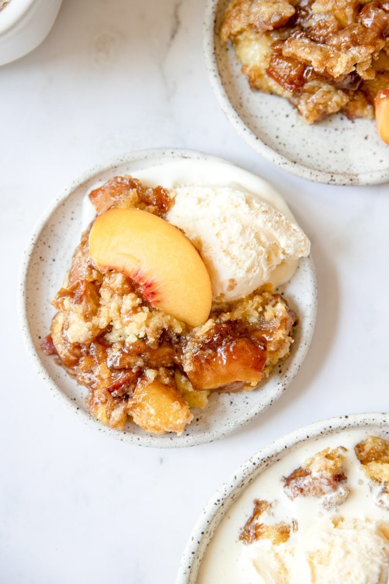 overhead photo of plated peach cobbler