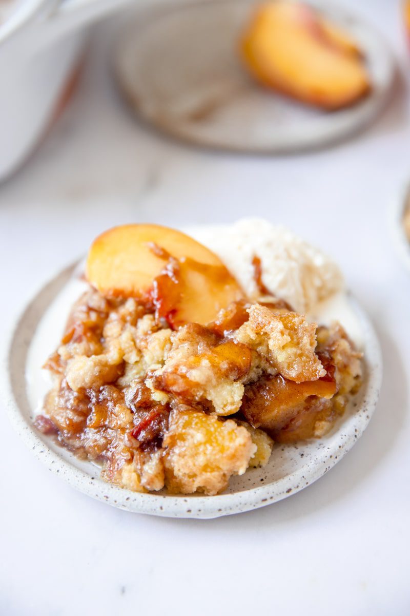 45 degree angle photo of plated cake mix cobbler 