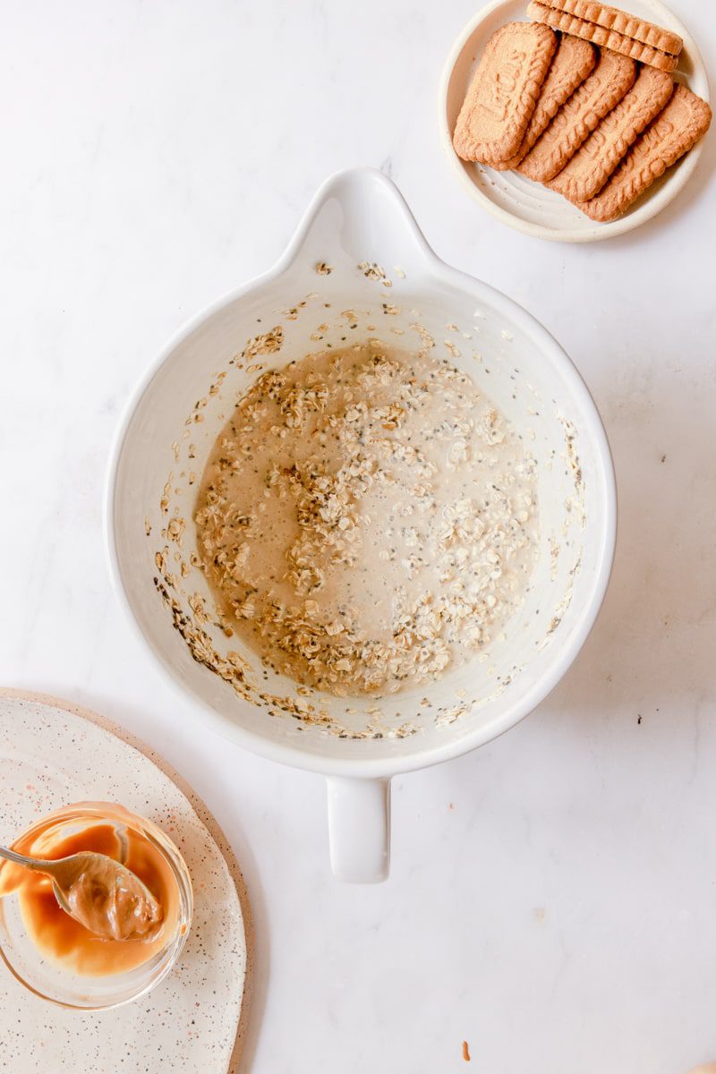 milk, oats, cookie butter, and chia seeds mixed together in a white mixing bowl 