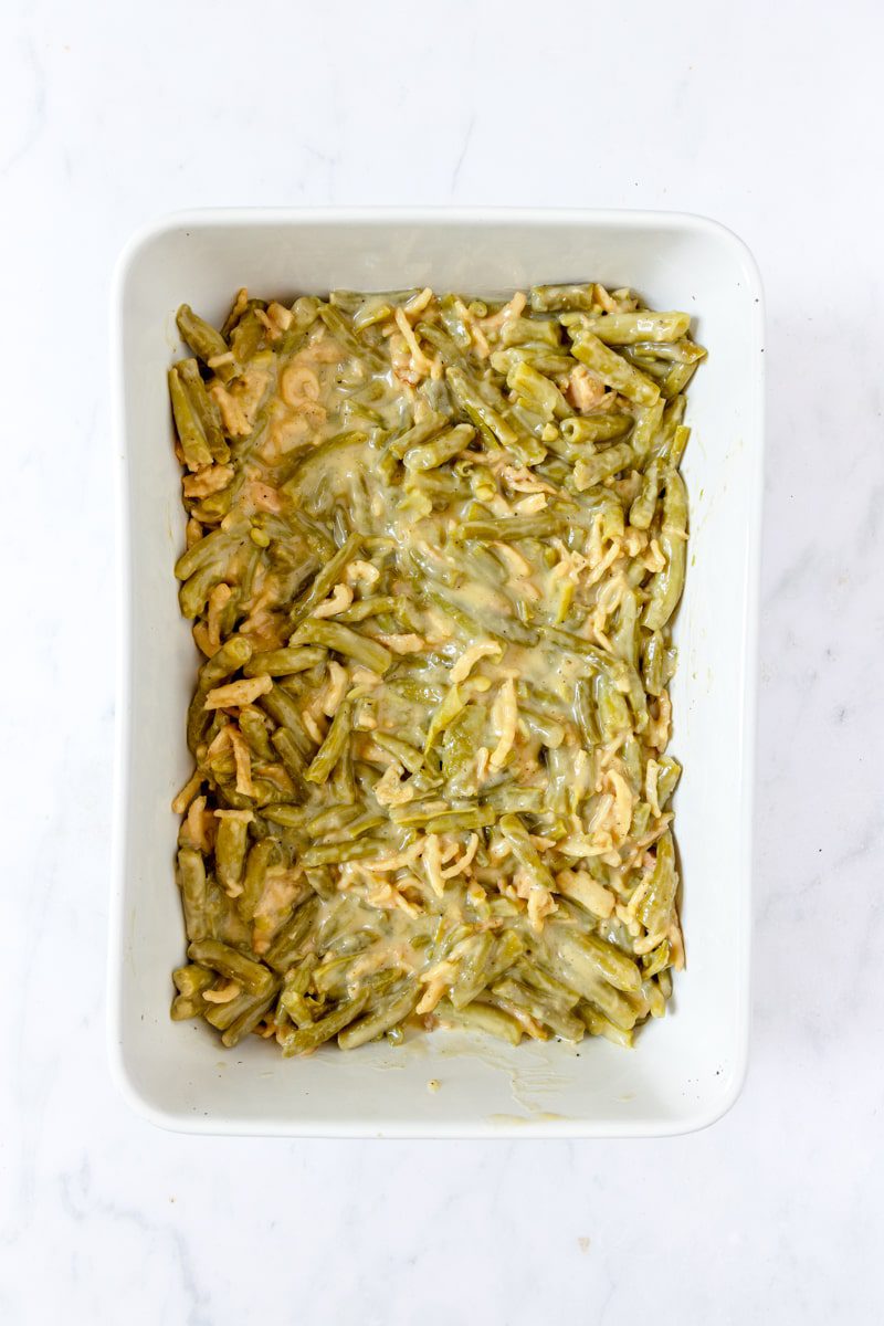 Green bean mixture poured into a baking dish