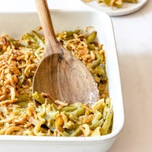 casserole dish with baked green bean casserole (without mushroom soup)