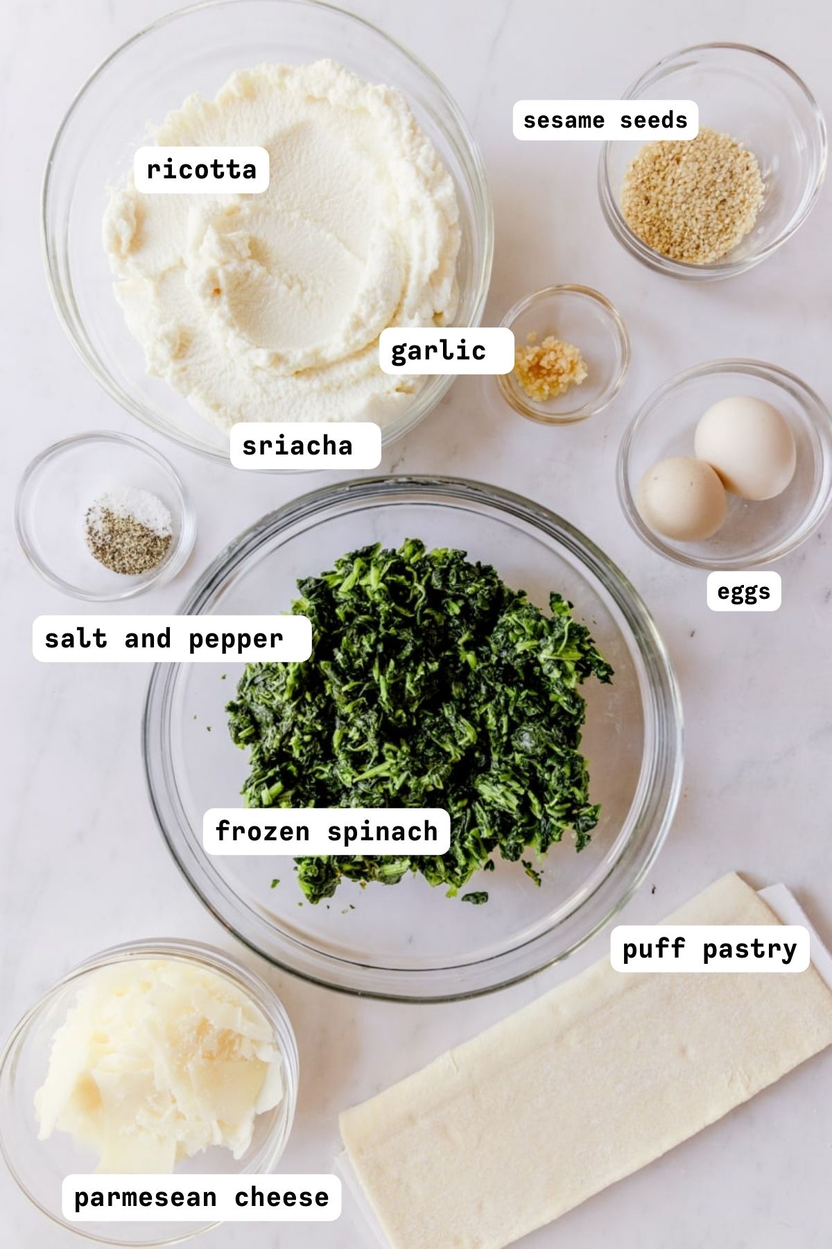 overhead photo of spinach and ricotta roll ingredients