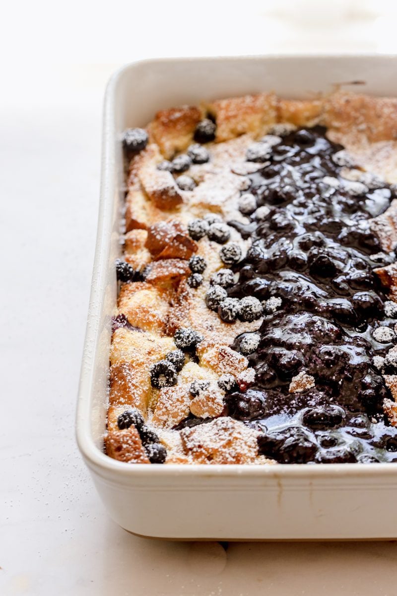 dish of baked blueberry brioche French toast casserole.