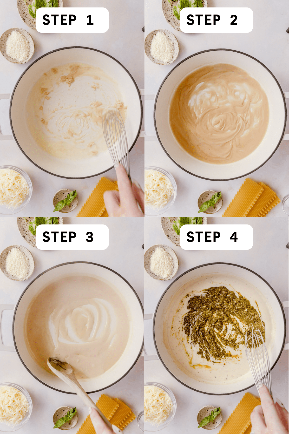steps 1-4 of Chicken Broccoli Lasagna instructions in a collage .