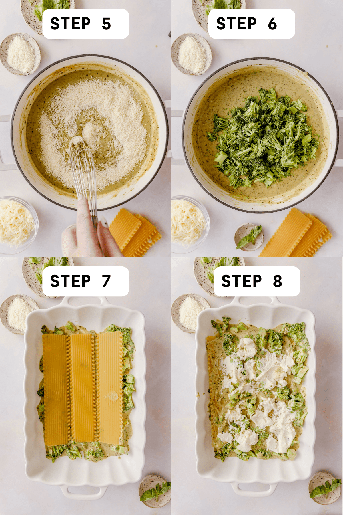 Steps 5-8 for making Chicken Broccoli Lasagna.