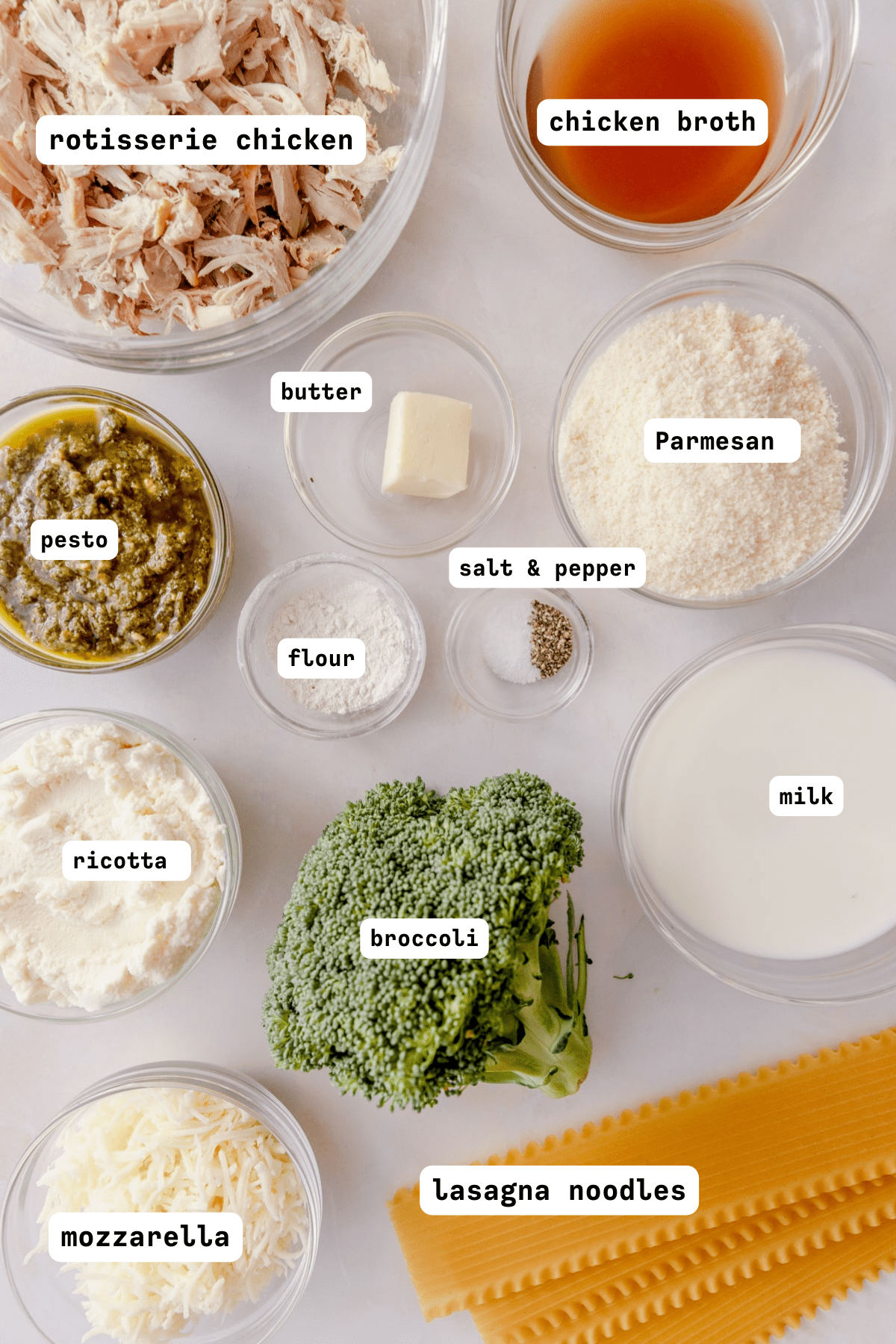 Chicken Broccoli Lasagna ingredients in glass bowls.