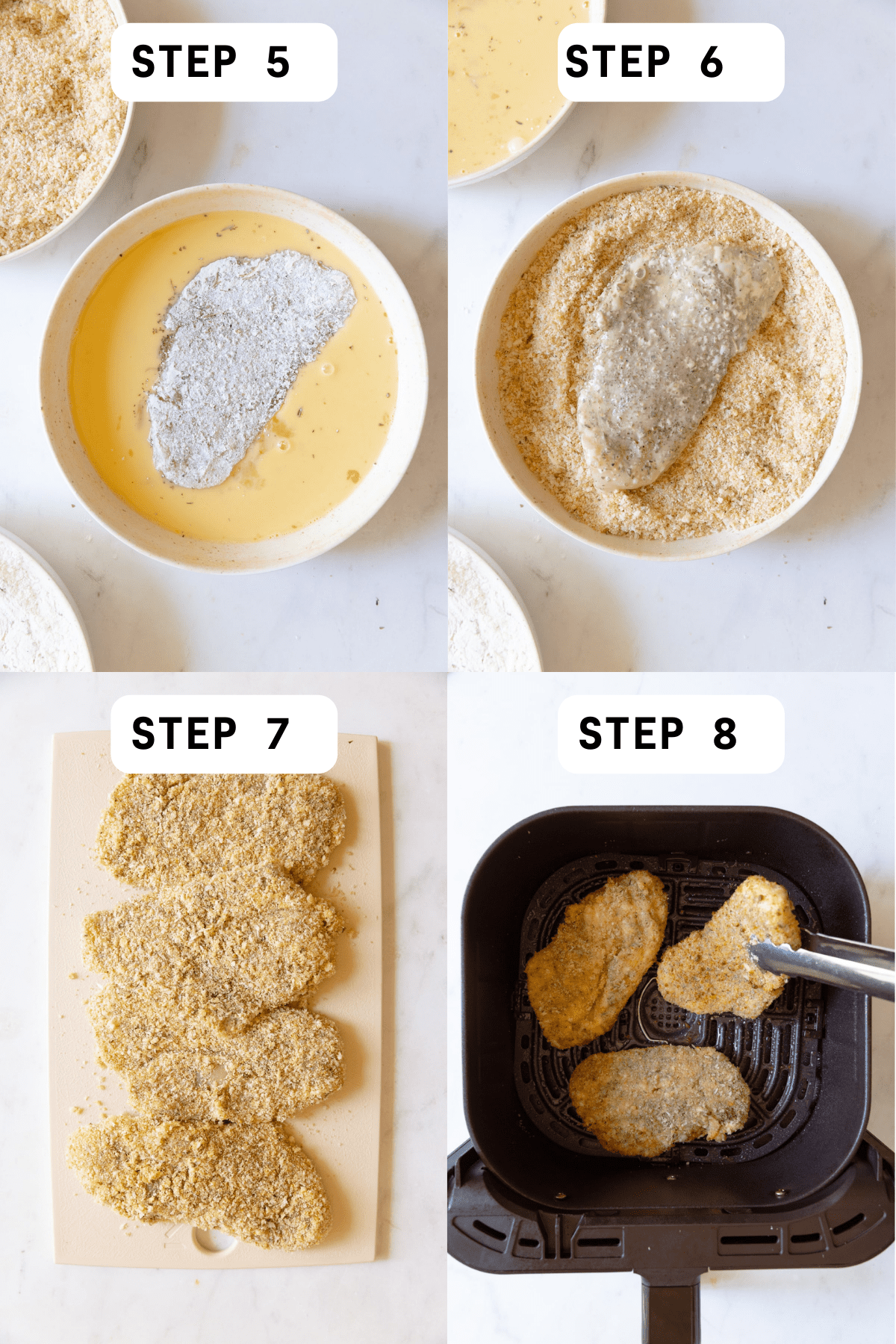 Steps 5-8 for making chicken cutlets. 