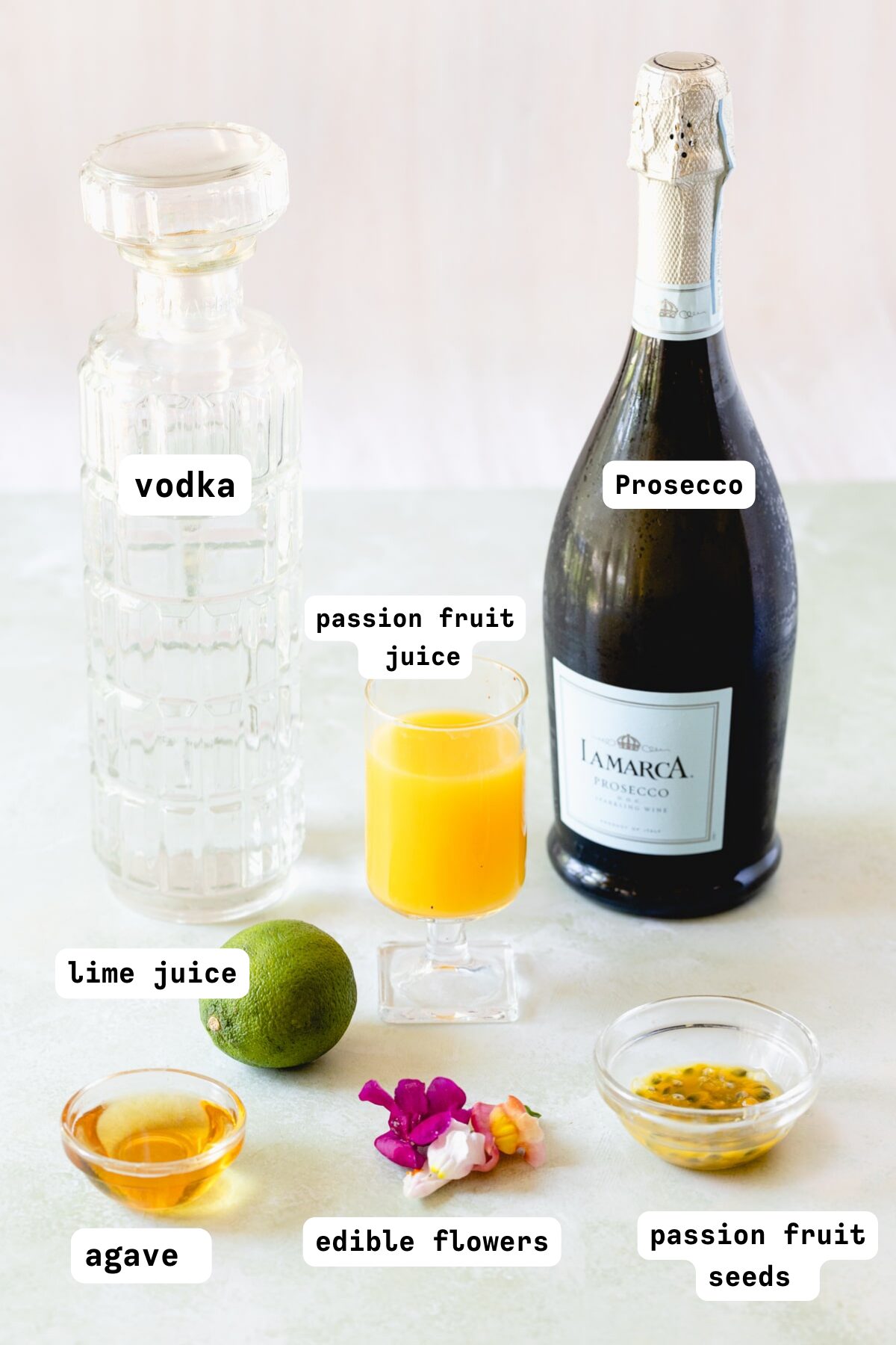 Passion fruit martini recipe ingredients. 