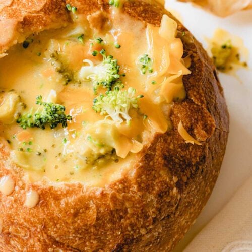 Bread bowl of copycat Panera Broccoli Cheddar Soup.