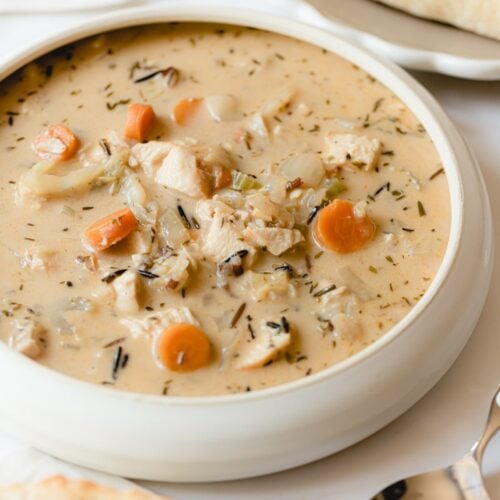 Bowl of creamy wild rice soup.