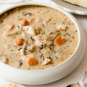 Bowl of Panera's Chicken and Wild Rice Soup recipe.