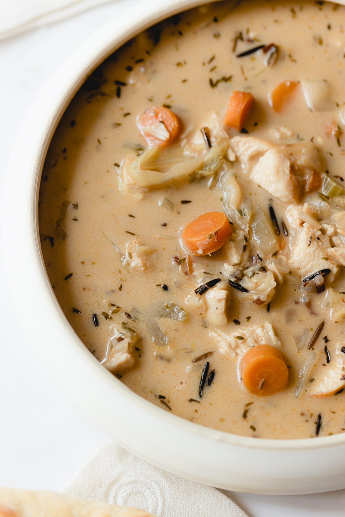 Bowl of copycat Panera Chicken and Wild Rice Soup 