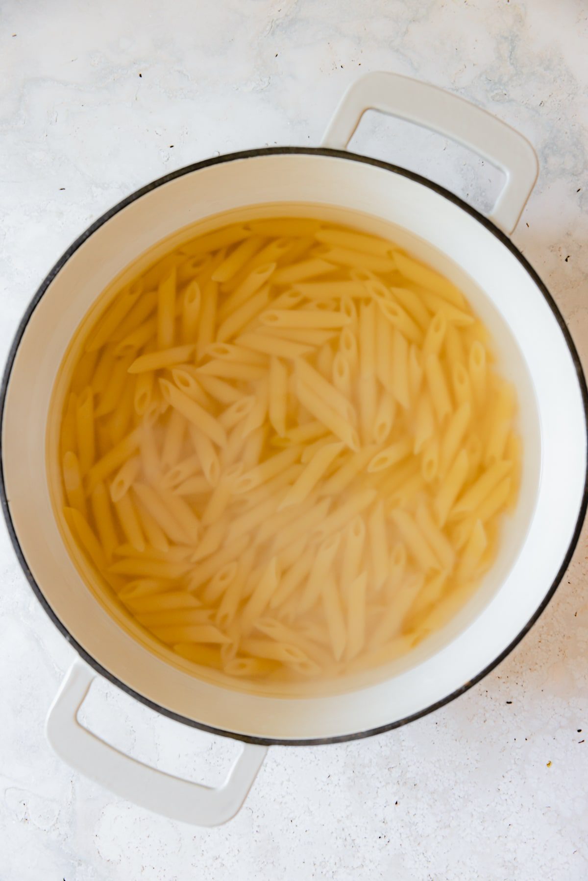 Penne pasta in a large pot with water. 