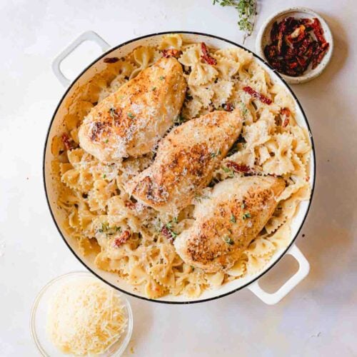 Skillet of marry me chicken pasta.