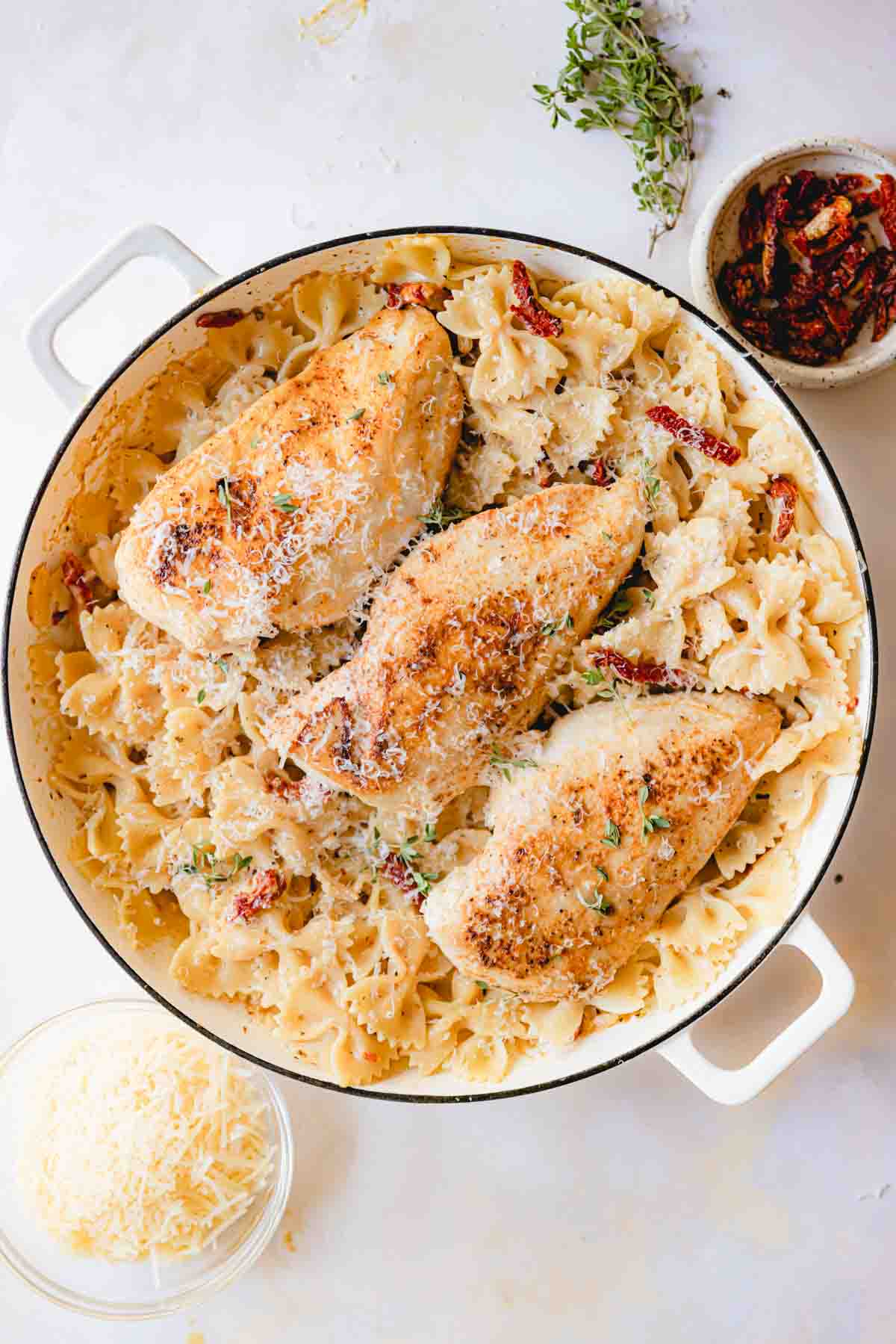 A skillet of marry me chicken pasta. 