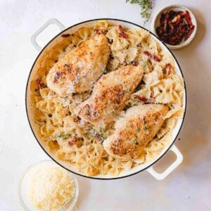 Marry Me Chicken Pasta in a white skillet.