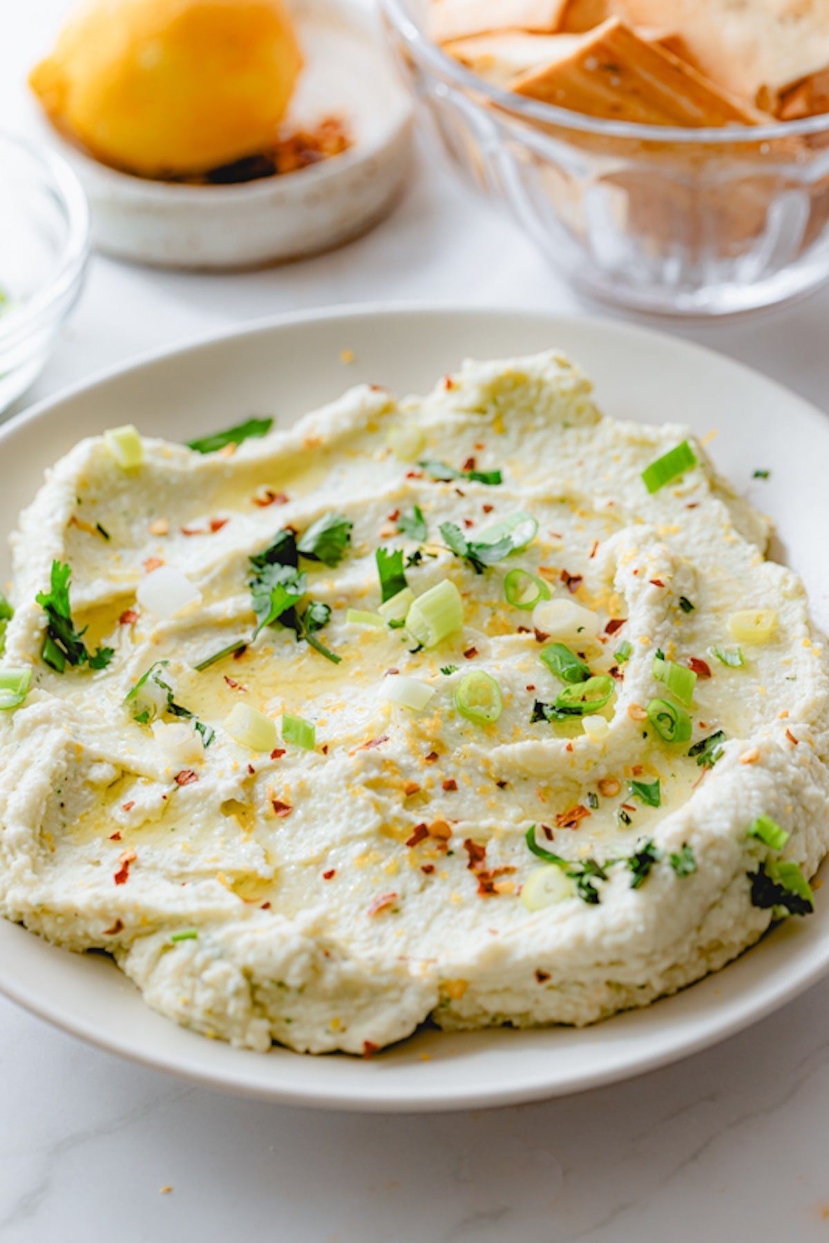 Final plated whipped ricotta dip garnished with red pepper and herbs. 