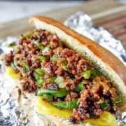A closeup shot of a vegan philly cheesesteak.