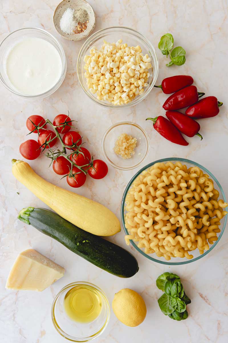 Creamy vegetable pasta ingredients