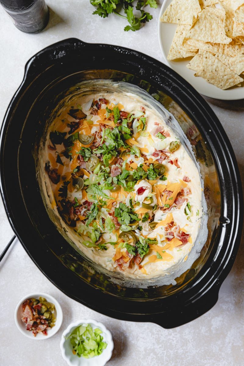 Jalapeno popper dip in a crockpot. 