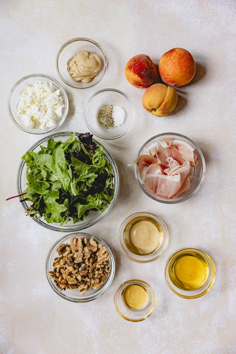 Grilled peach salad ingredients.