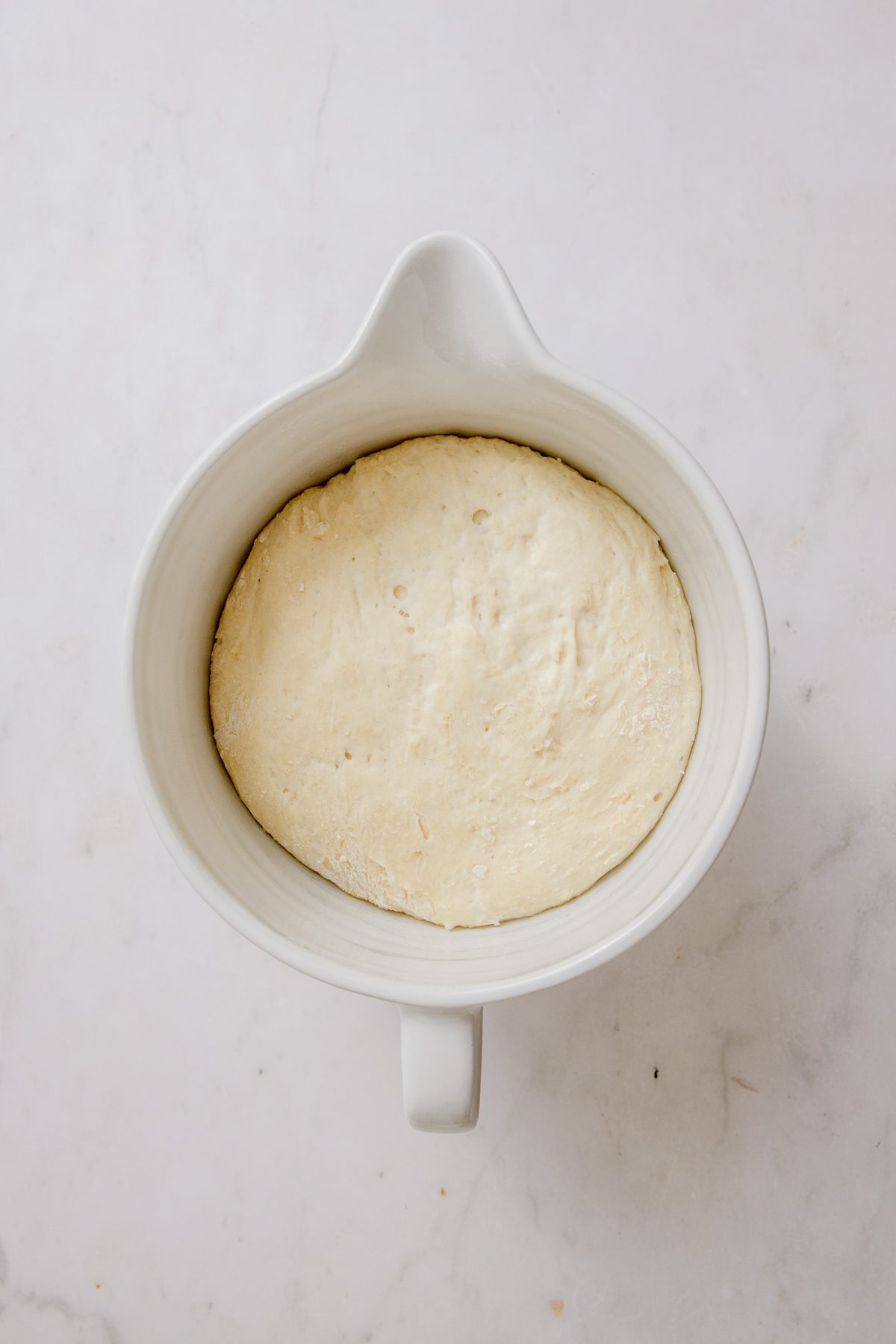 Proofed dough in white bowl. 