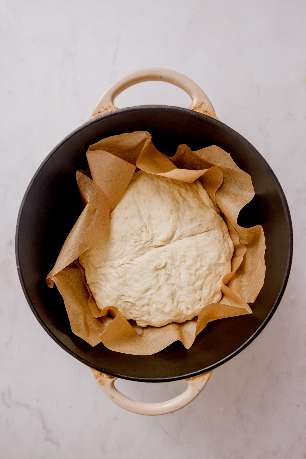 Dough on parchment paper inside of dutch oven. 