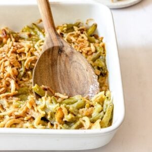 Greenbean casserole in white baking dish.