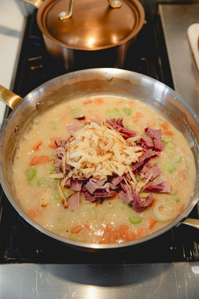 Mustard, cheese, and Ham added to pot pie filling.