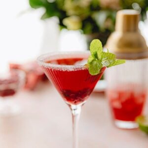 Pomegranate martini in a glass.