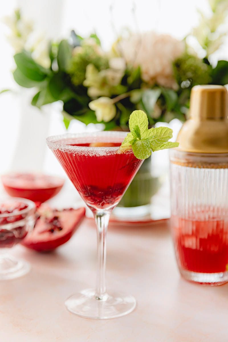 Final garnished pomegranate martini.